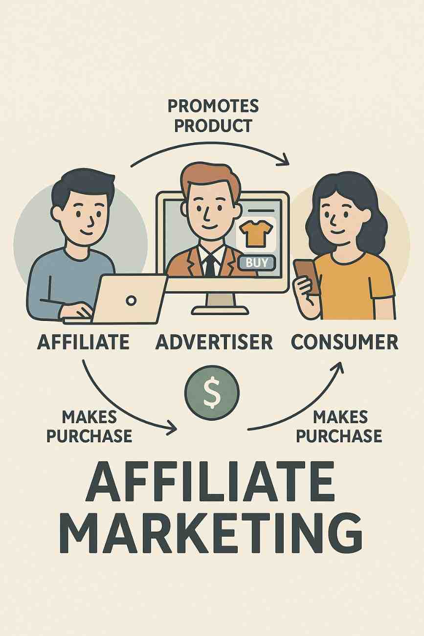 Explain the role of the affiliate, advertiser, and consumer in affiliate marketing.