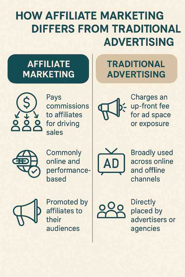 How does affiliate marketing differ from traditional advertising?