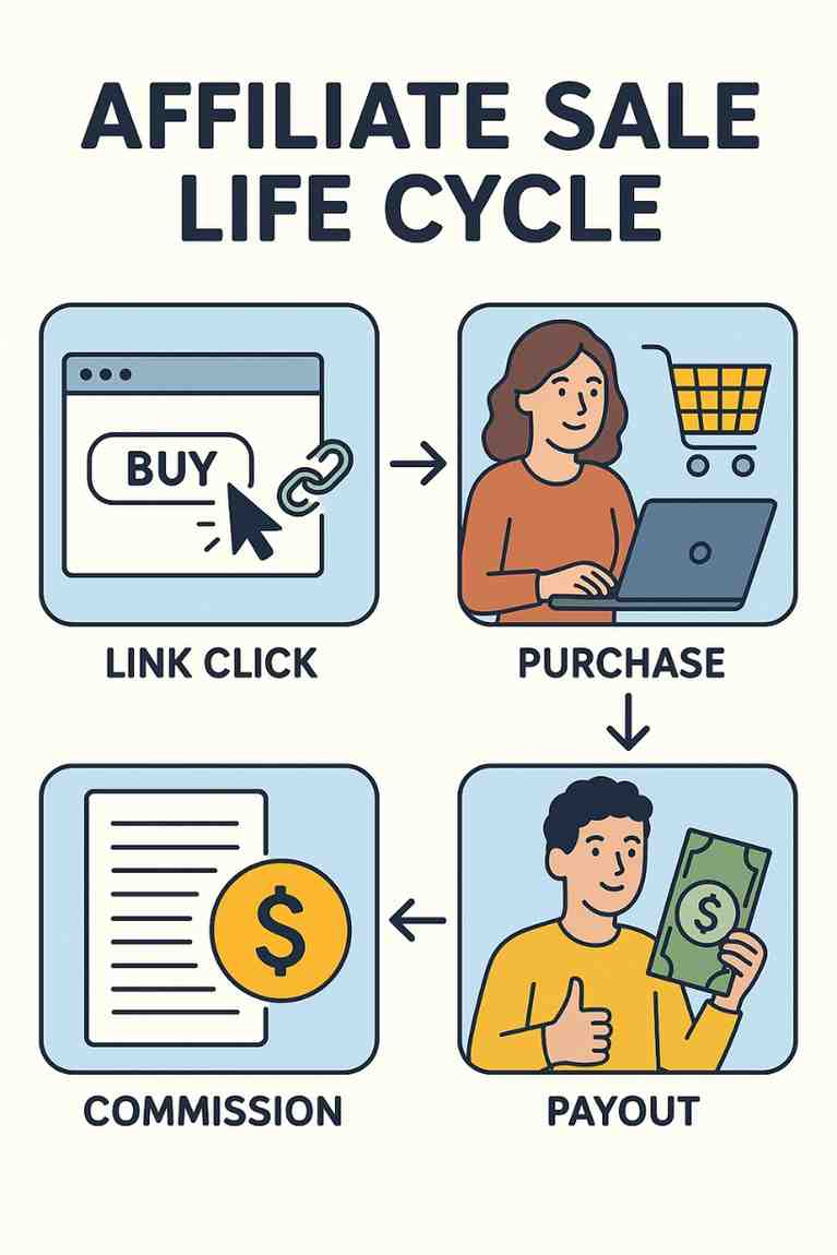 Describe the life cycle of an affiliate sale from link click to payout.
