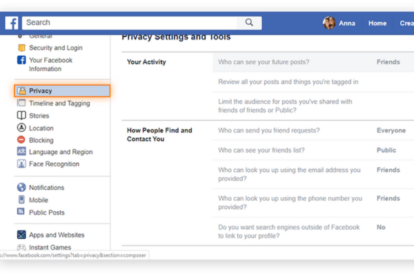 What are some common privacy settings on Facebook, and why are they important?
